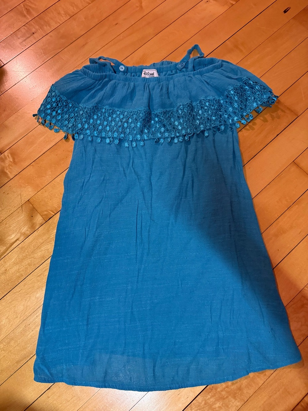 Disney Teal Blue Off-Shoulder Dress with Pom Fringe